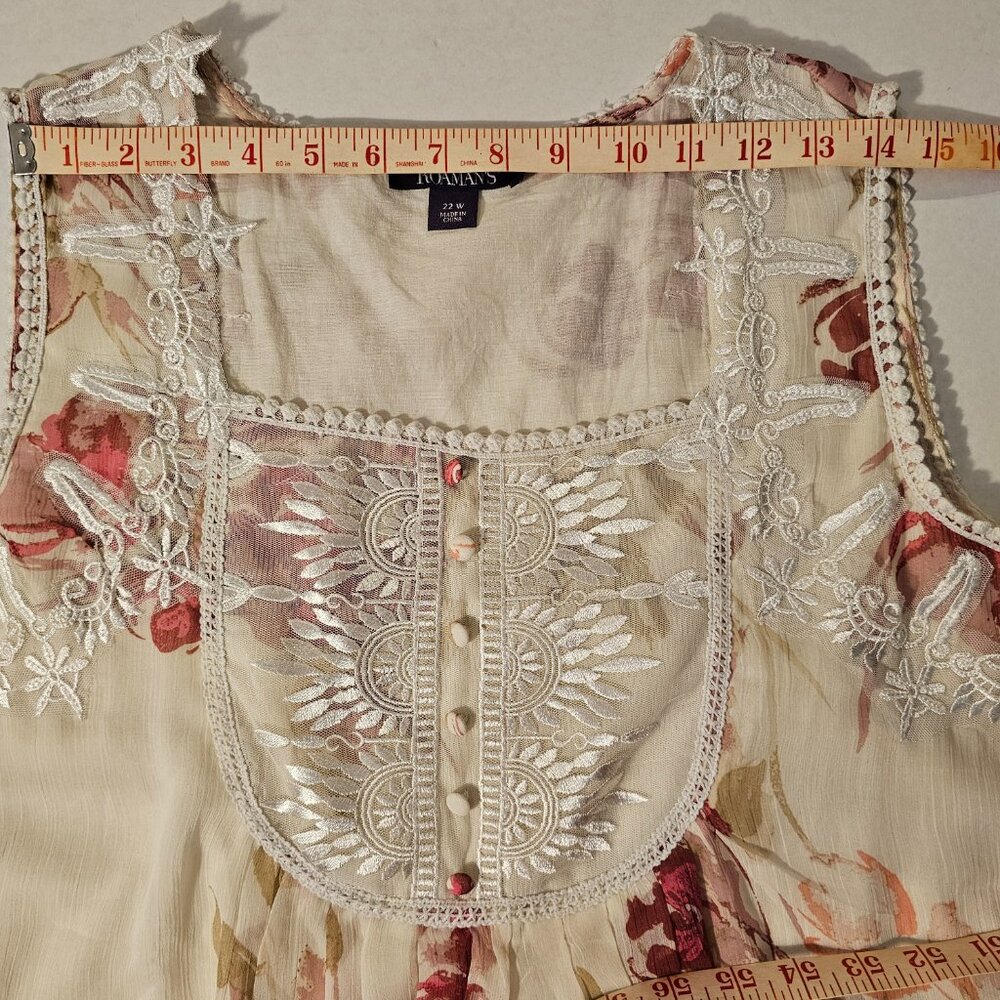 Roaman's Floral Cream and Pink Sleeveless Blouse - Picture 3 of 9